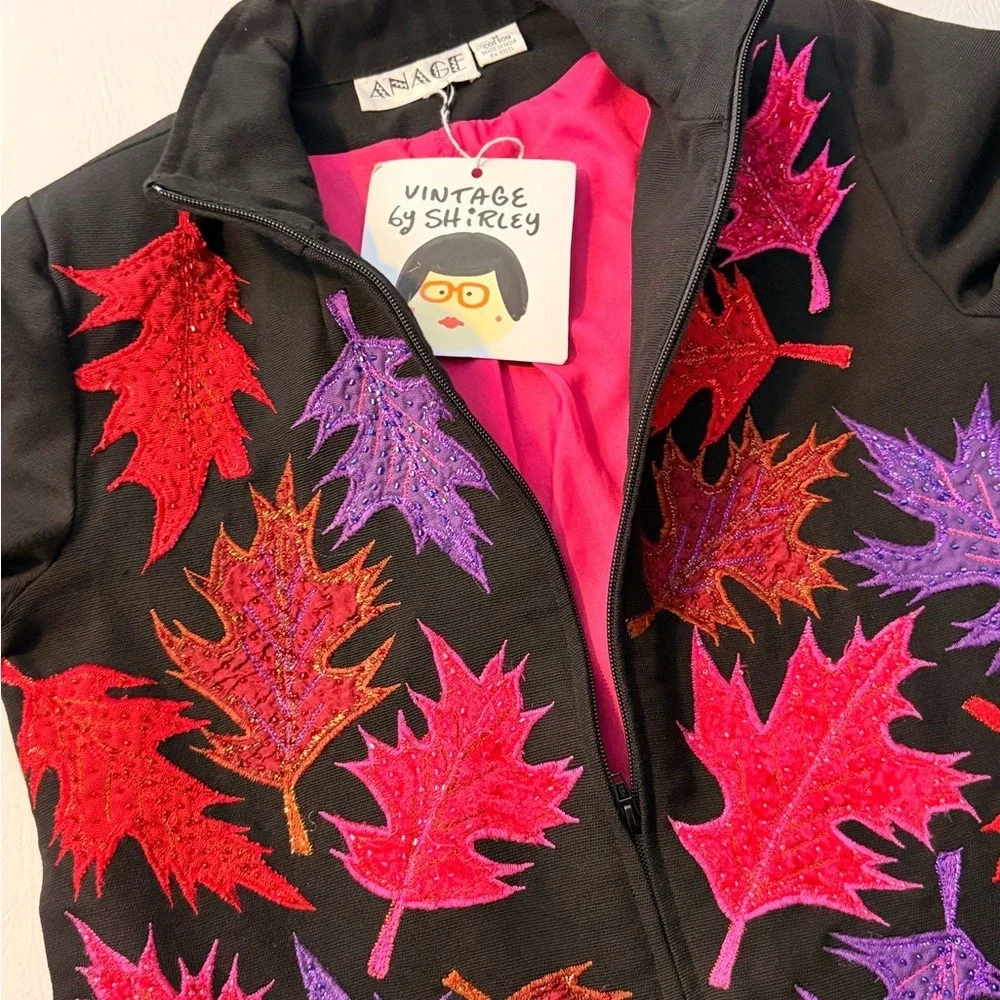 vintage‎ Anage women's zip jacket featuring colorful, embroidered leaves